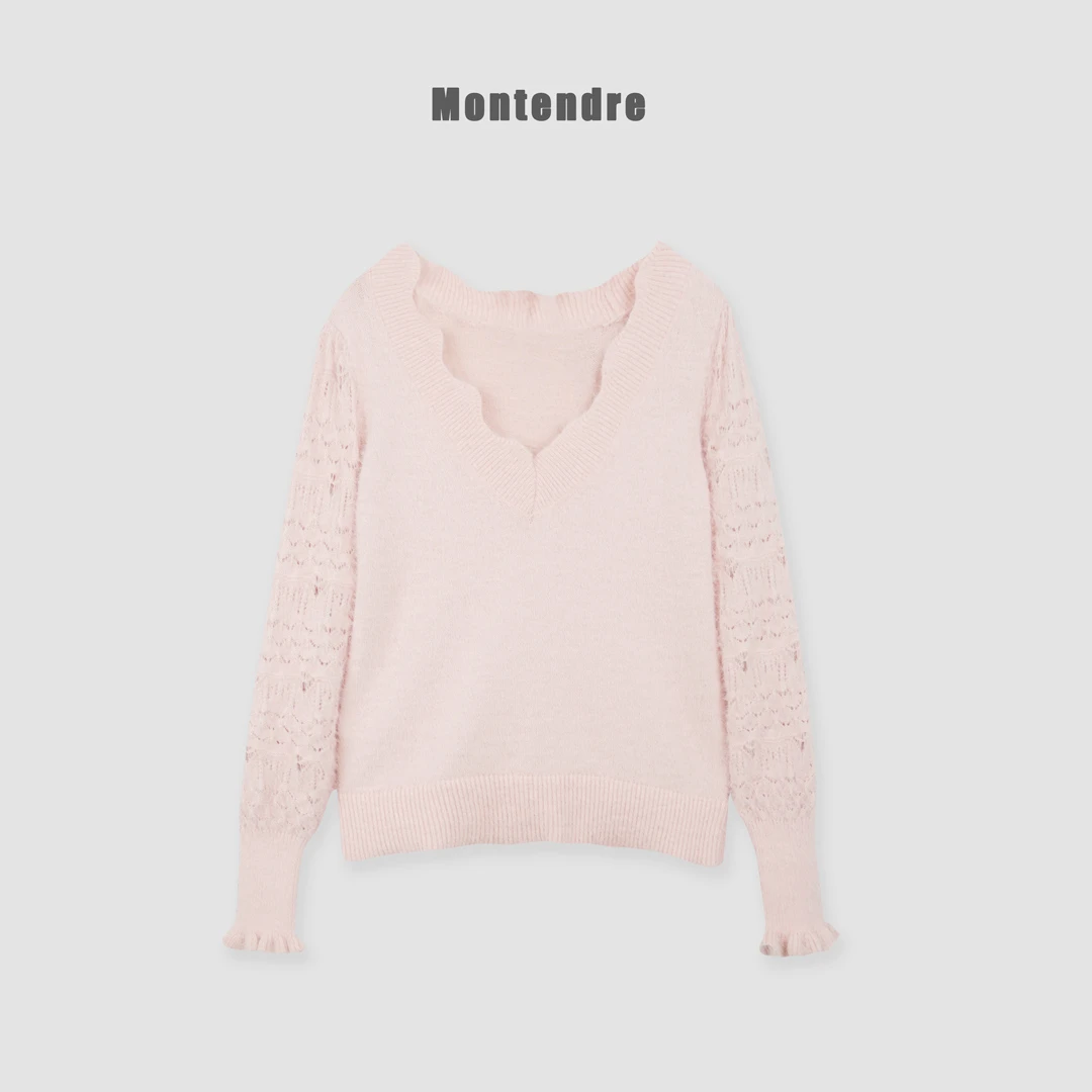 【MonTendre】秋季新款 C 百搭气质针织衫拼接袖子镂空花边领上衣