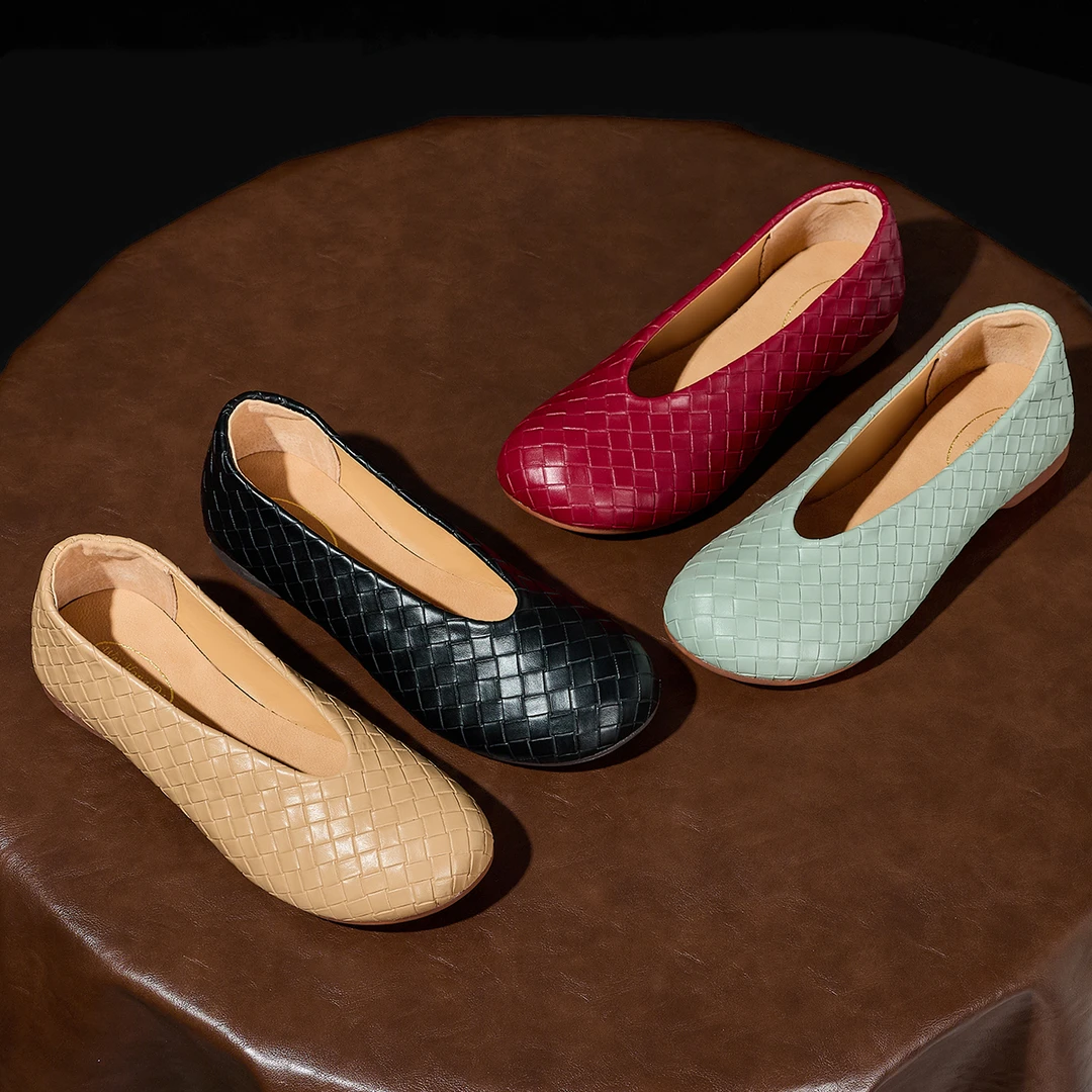 胎牛皮~2025春夏季新款手工编织浅口牛皮单鞋圆头低跟舒适女鞋