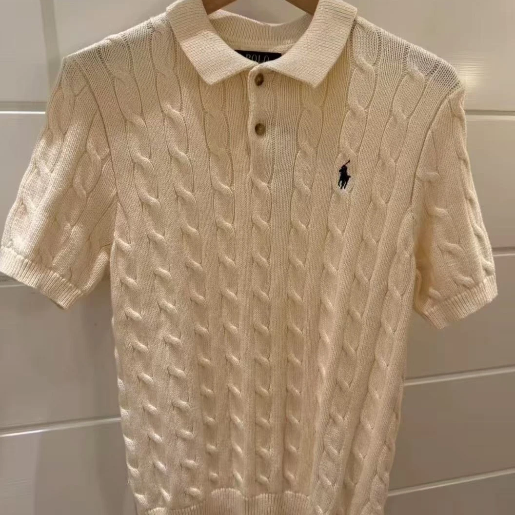 Ralph Lauren/拉夫劳伦 男士成人短袖翻领麻花针织衫奶油白