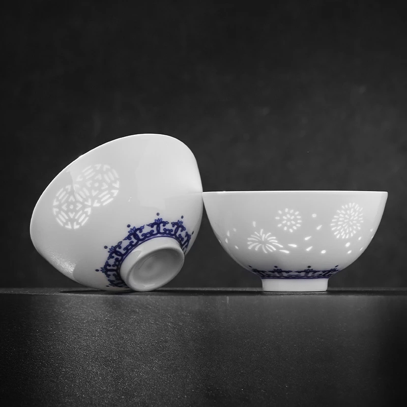 景德镇官方旗舰店青花玲珑高温陶瓷吃饭碗精致家用餐具汤碗小足碗