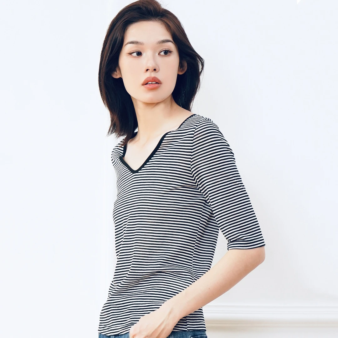 条纹五分袖女夏季t恤舒适弹力上衣修身显瘦简约休闲套头半袖V领