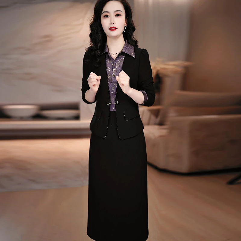 高级TR斜纹精纺端庄时尚外套连衣裙2025秋季女装中年妈妈俩件套女