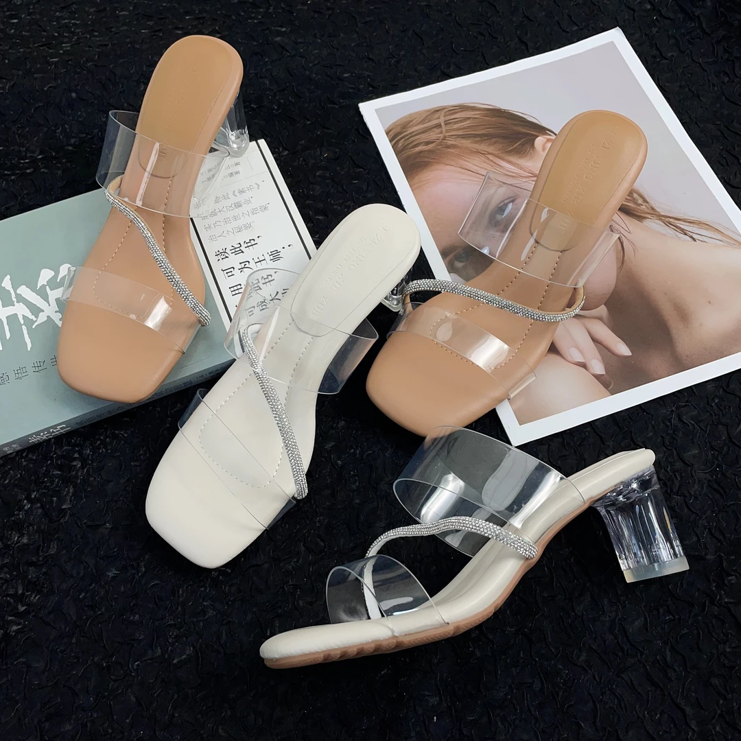 凉拖鞋女外穿2025年新款时尚百搭水钻粗跟透明一字拖水晶高跟鞋