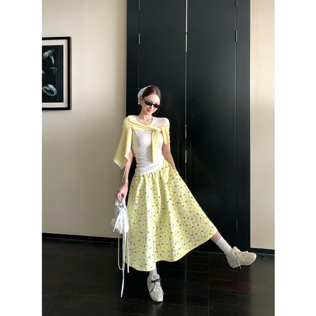 SKKSkk Store 柠檬协奏曲 格纹印花半身裙女夏新款蓬蓬裙中长款