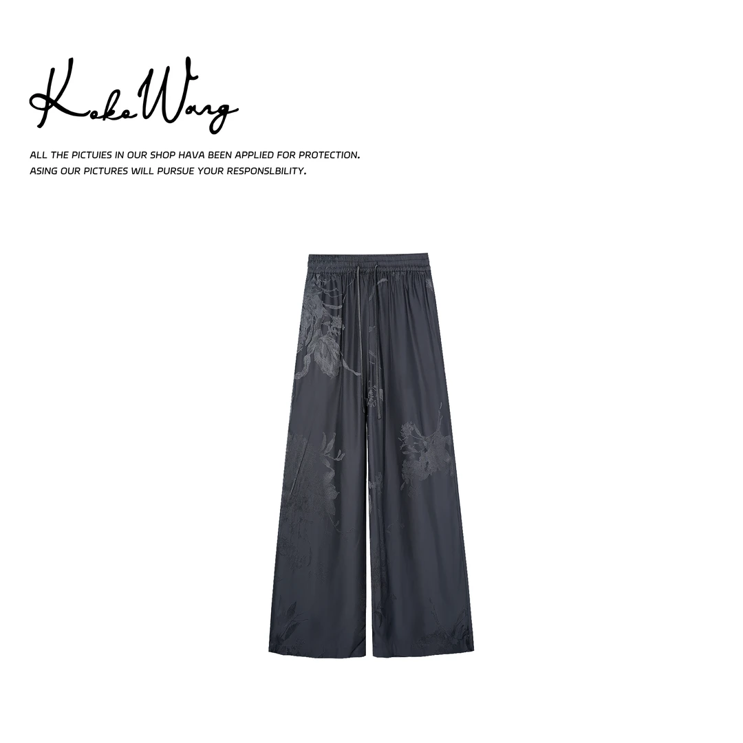 KOKOWANG高腰蝴蝶缎面提花垂感直筒富婆款休闲裤 525895C25K42