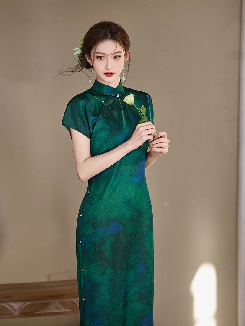 女色年华春夏新款黄绿色高级旗袍气质网红时尚夏季复古日常中国风