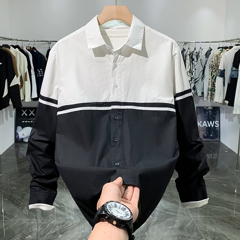 黑白撞色拼接潮流长袖衬衫男春季新款纯棉宽松帅气翻领休闲衬衣潮