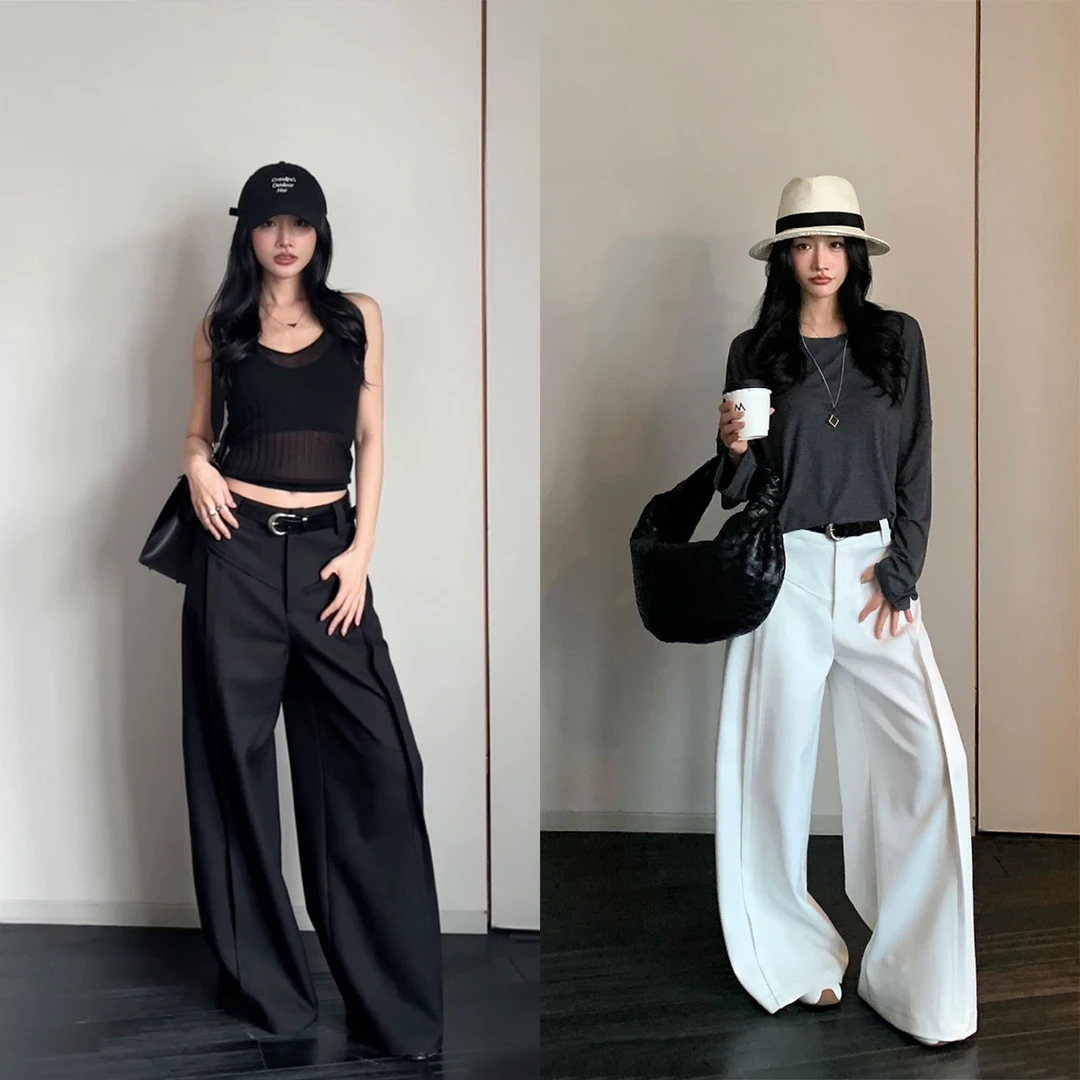 iLEFT左边女装宽松长裤垂坠感西装裤2025春季新款休闲阔腿裤