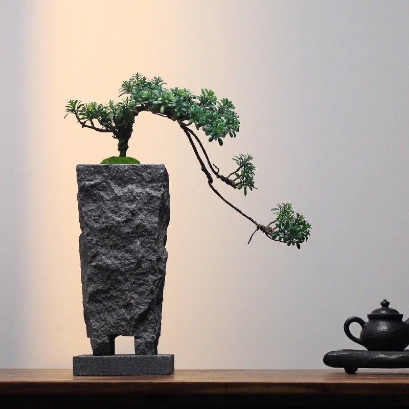 茶室造景摆件艺术诧寂风石头盆花岗岩石雕花盆手凿孤品 雕刻摆设