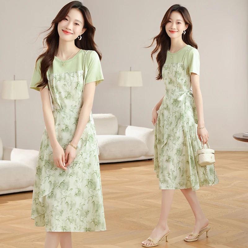 法式假两件碎花连衣裙女2025夏季新款气质收腰显瘦短袖中长款裙子