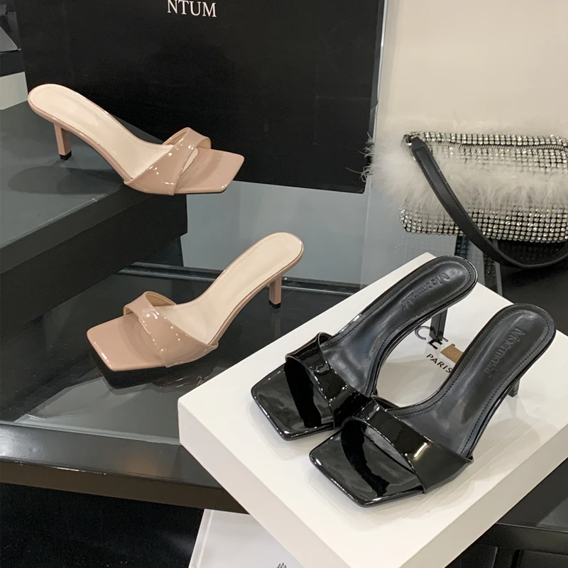 2025夏新款方头细跟一字凉鞋女高级感简约细跟露趾外穿半拖鞋高跟