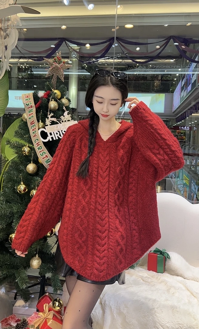 广州唐乐乐~慵懒麻花连帽加厚针织衫休闲宽松毛衣 BF0406