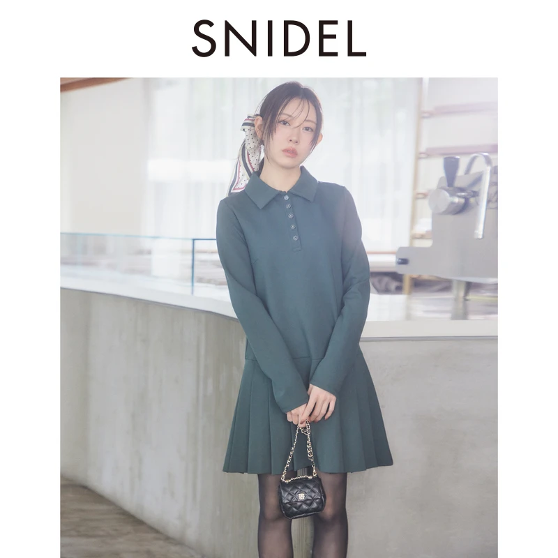 SNIDEL2025秋冬新品甜美学院风翻领长袖百褶裙摆连衣裙SWCO254195
