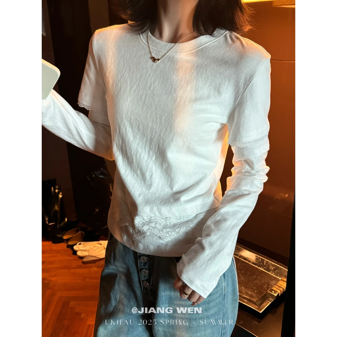UKILAU【重叠配方】圆领拼接蕾丝假两件白色打底上衣