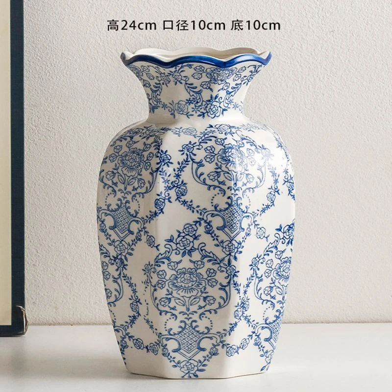 青花瓷复古陶瓷花瓶摆件客厅鲜花插花陶罐轻奢装饰品新中式花器kz