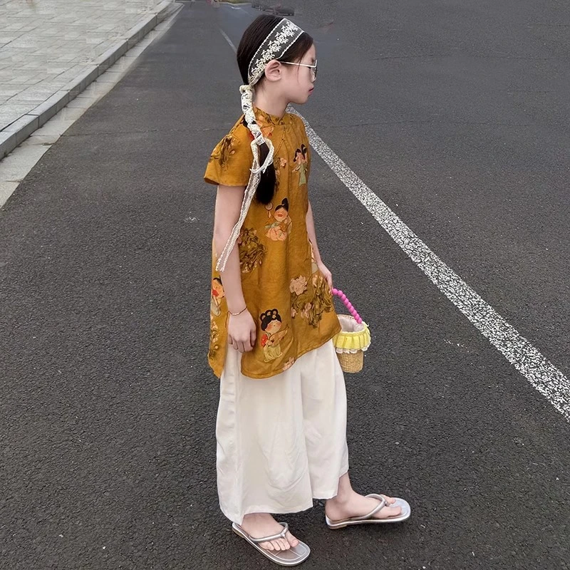 女童新中式旗袍套装夏季2025新款国风背心薄款九分阔腿裤防蚊洋气