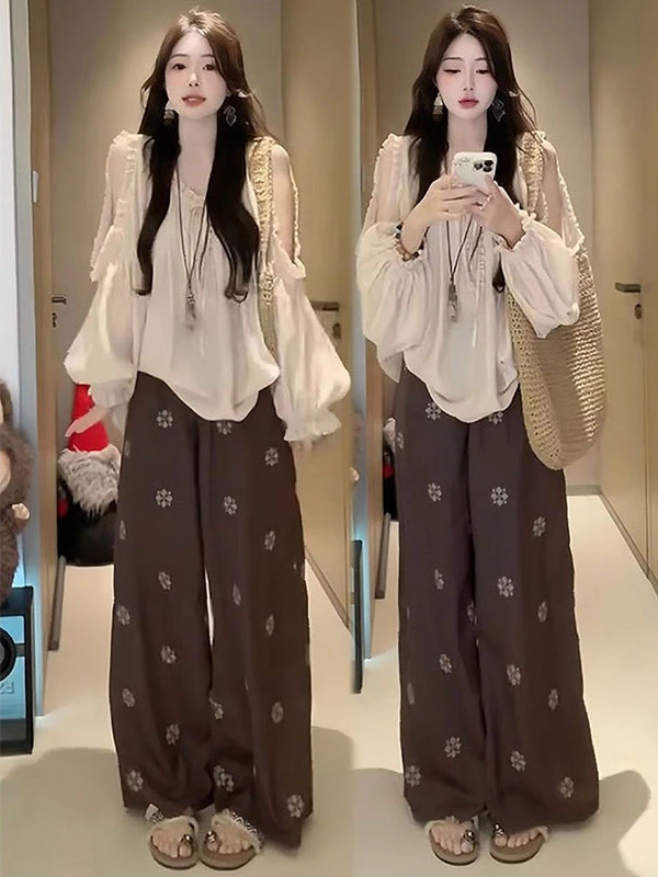 大码时尚套装女秋季新款时尚韩系薄款松弛感露肩上衣拖地裤两件套