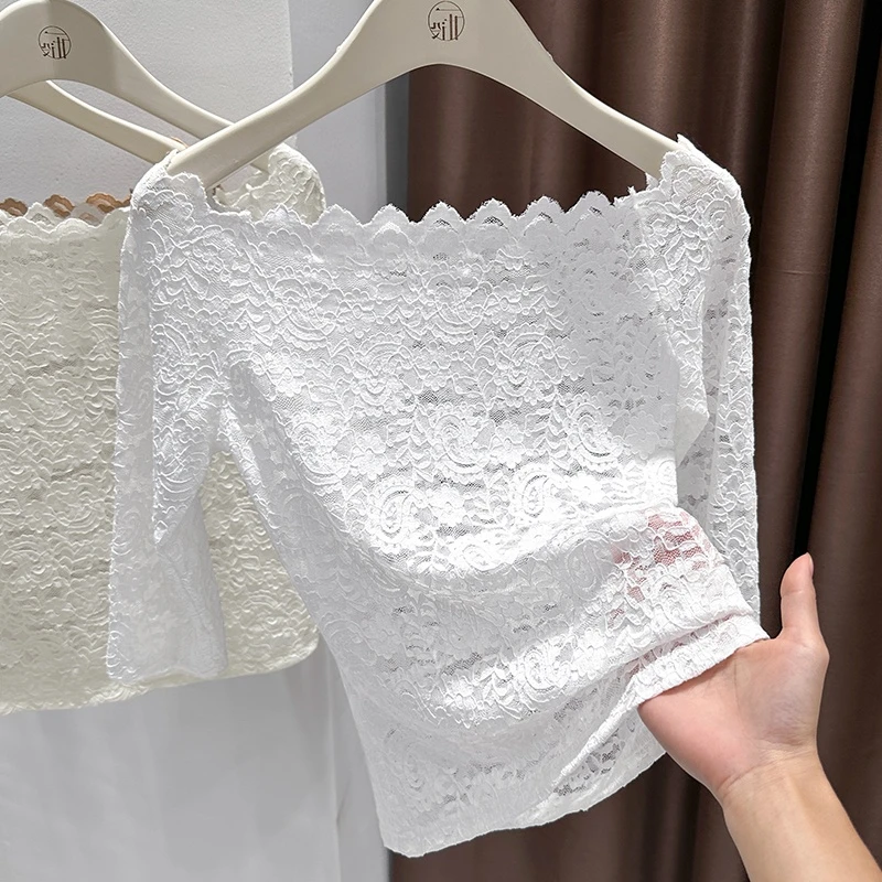 时髦洋气高品质修身显瘦纯欲风勾花蕾丝衫小众别致漂亮中袖T恤女