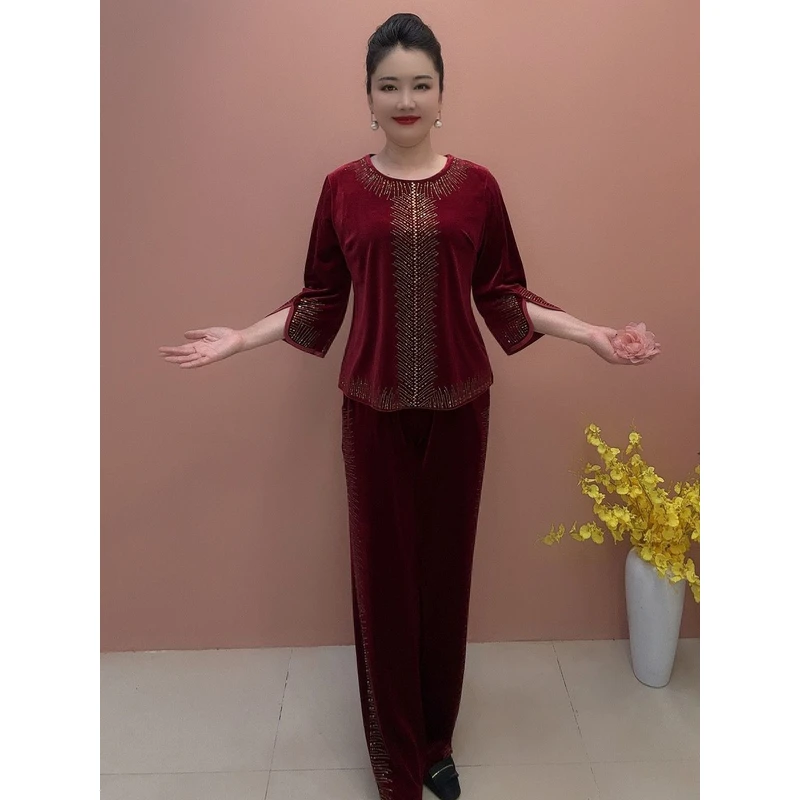 2025休闲秋季时尚气质新款丝绒洋气两件套丝绒减龄妈妈套装
