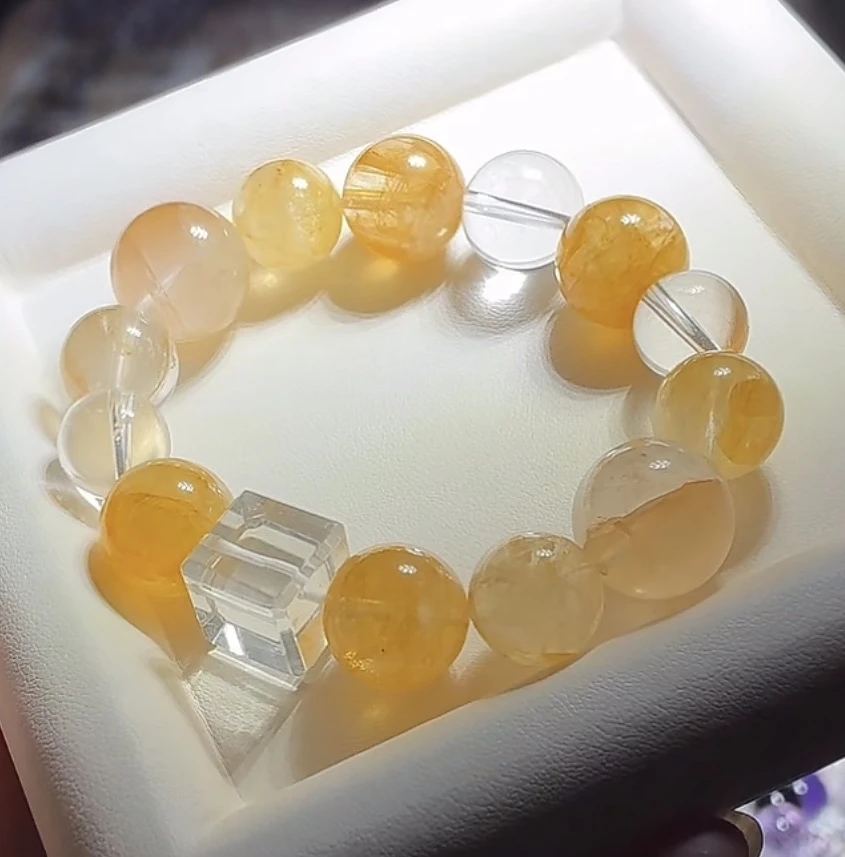 【金满满】天然白水晶黄胶花水晶手串手链13-15mm