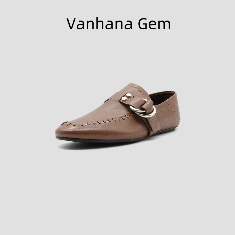 VANHANA GEM真皮百搭一脚蹬英伦做旧经典圆头平底舒适深口单鞋