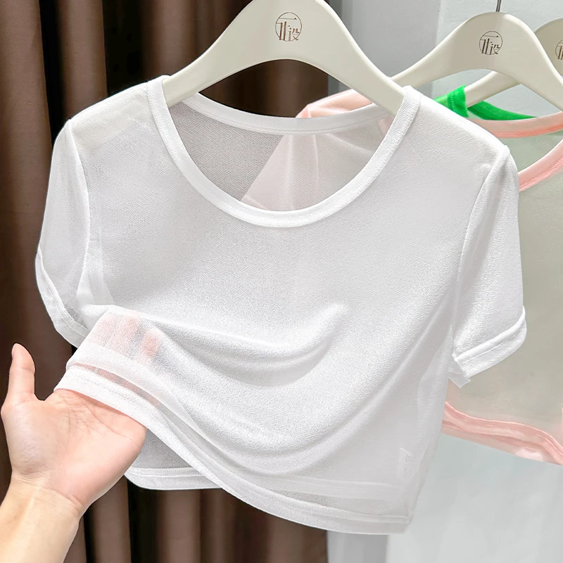 透视圆领冰丝网纱宽松短袖上衣秋季简约百搭蕾丝正肩T恤薄款内搭