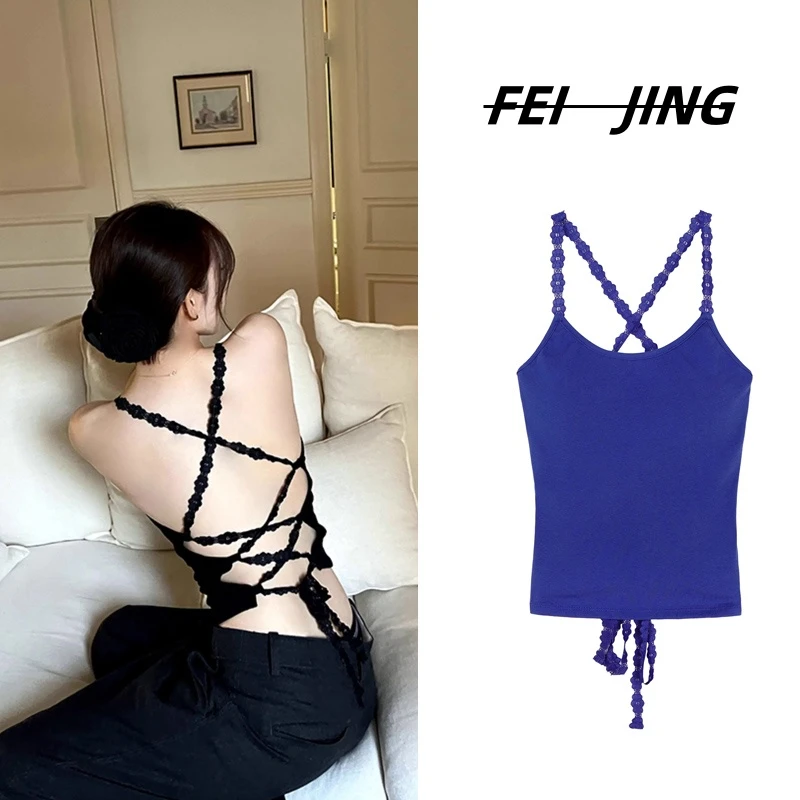 纯欲交叉蕾丝美背吊带背心内搭女带胸垫免穿文胸辣妹性感外穿上衣