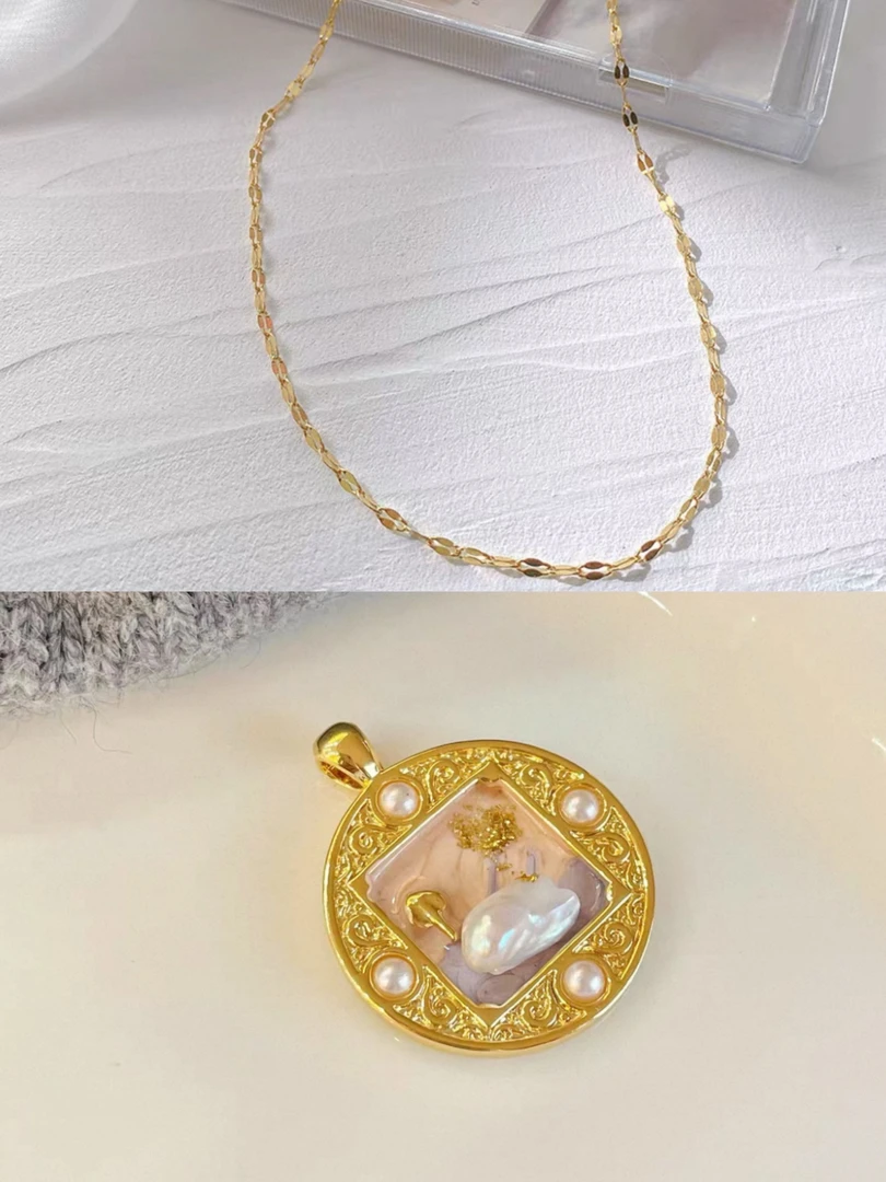 钛钢项链 2833钛钢莫奈油画四通钱币贝珠锁骨项链（链长45）