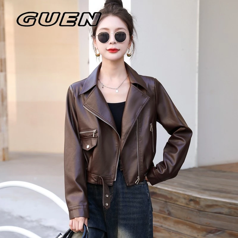 GUEN2025新款春秋爆款皮衣外套女款短款棕色小个子高级感pu皮夹克