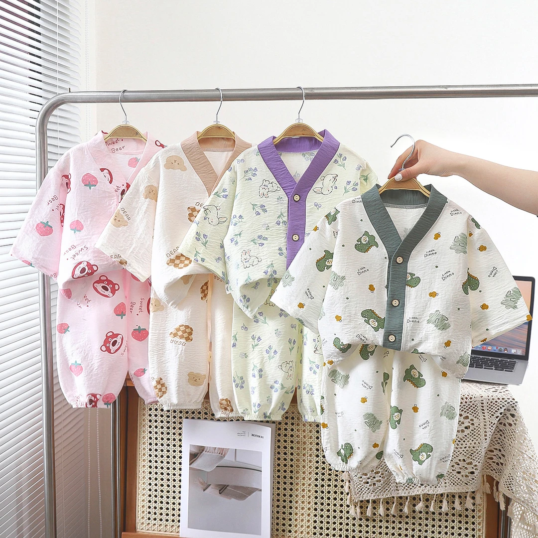 夏季新款儿童云朵棉家居服V领男女童空调服睡衣套装中大童套装