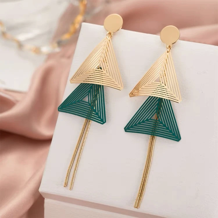铜合金耳饰 韩版绿色轻奢时尚显瘦耳饰百搭耳环欧美长款大气气质