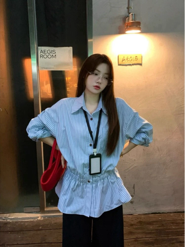 (全额运补)早秋通勤百搭Polo领条纹收腰衬衫女显瘦上衣