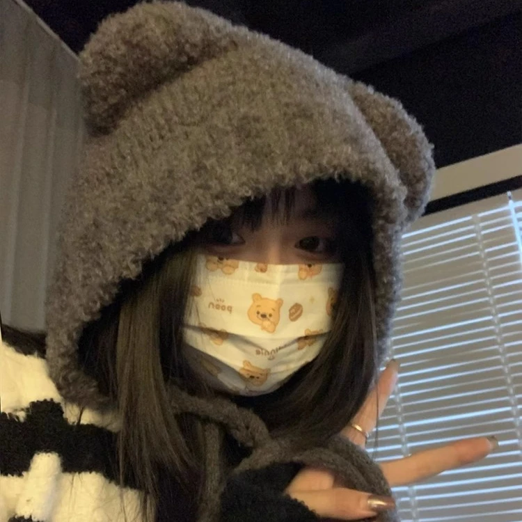 帽子女2025新款秋冬可爱杨幂同款小熊耳朵保暖毛线帽护耳针织帽cy