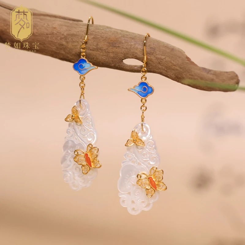 鱼娉·银镶嵌贝母雕花水滴耳坠HY国风简约复古雕花设计耳坠古风