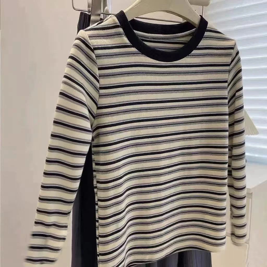 长袖~「美式复古条纹」男女同款纯棉长袖打底衫学院风上衣25097