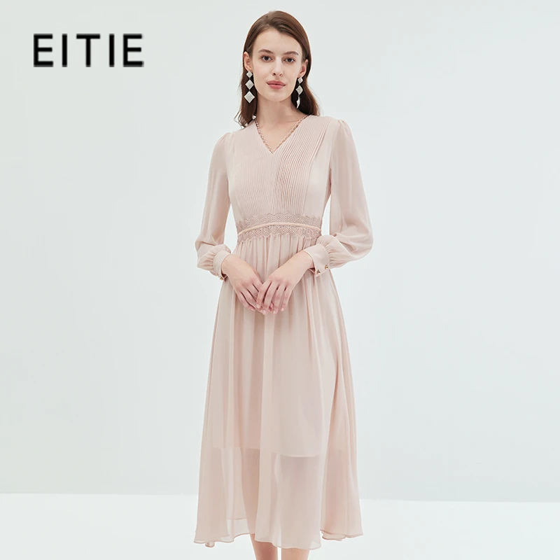 EITIE/爱特爱【欧若风】温柔气质V领显瘦法式优雅长连衣裙C2307248