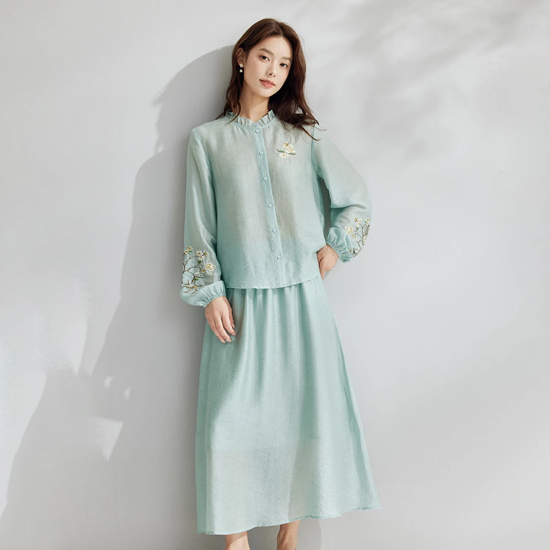 茵曼两件套装新中式刺绣衬衣女春秋款天丝国风气质高级感A字裙