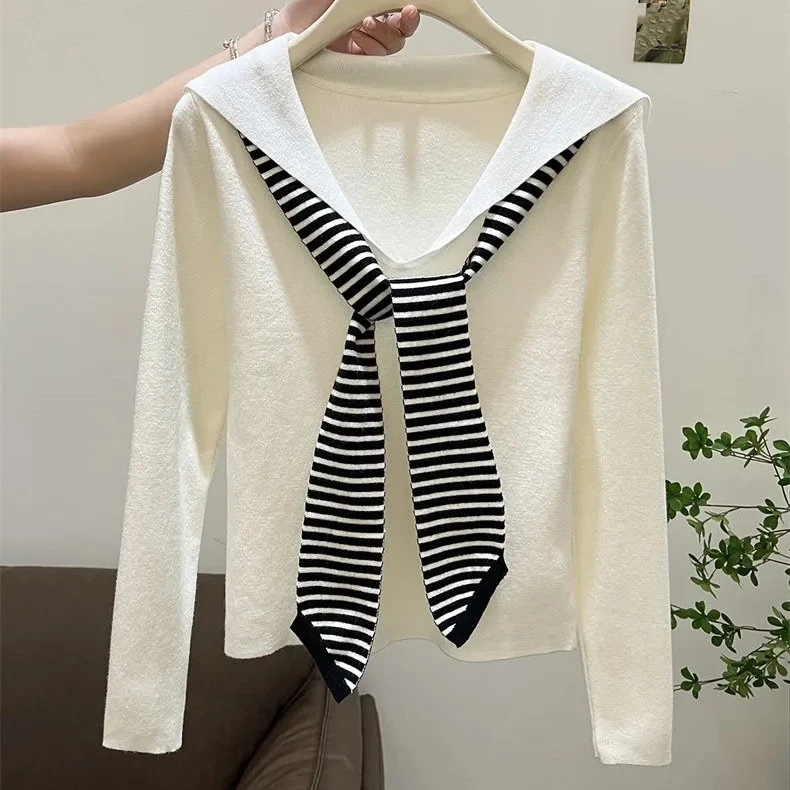 设计感假两件海军领条纹上衣披肩针织衫秋冬气质百搭长袖T恤女