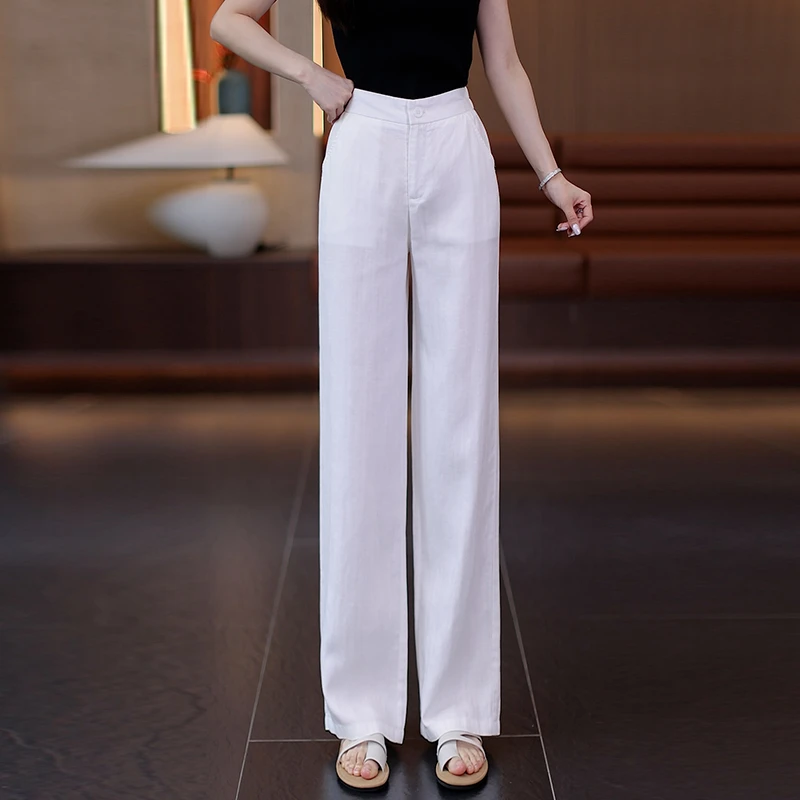 天丝亚麻阔腿裤女士夏季2025新款高腰显瘦垂感宽松冰丝薄款直筒裤
