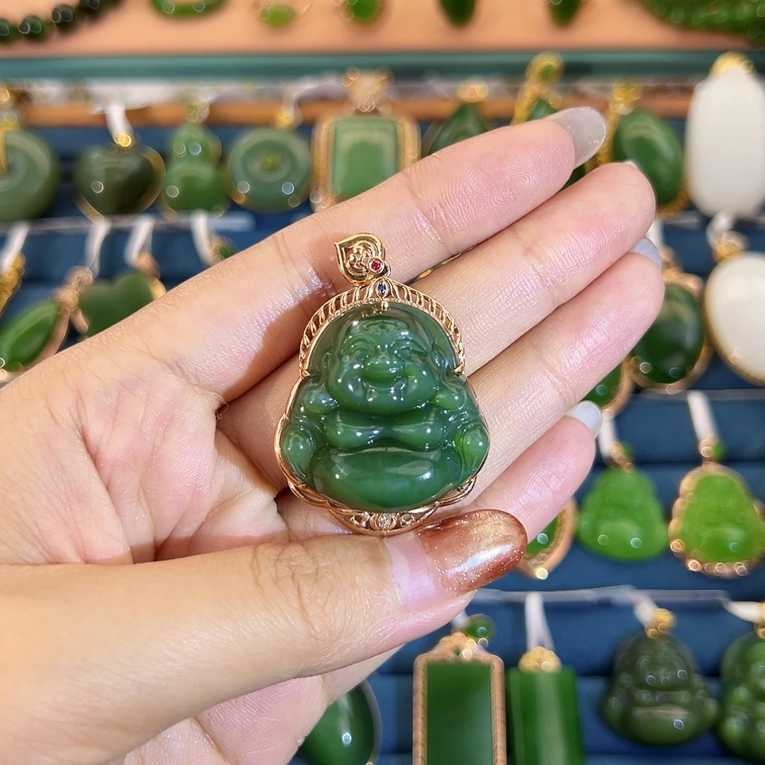 和田玉（碧玉）18K金镶嵌吊坠(不含链)