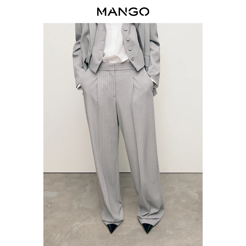MANGO女装裤子2025秋装新款低腰细条纹印花休闲通勤拖地西装裤