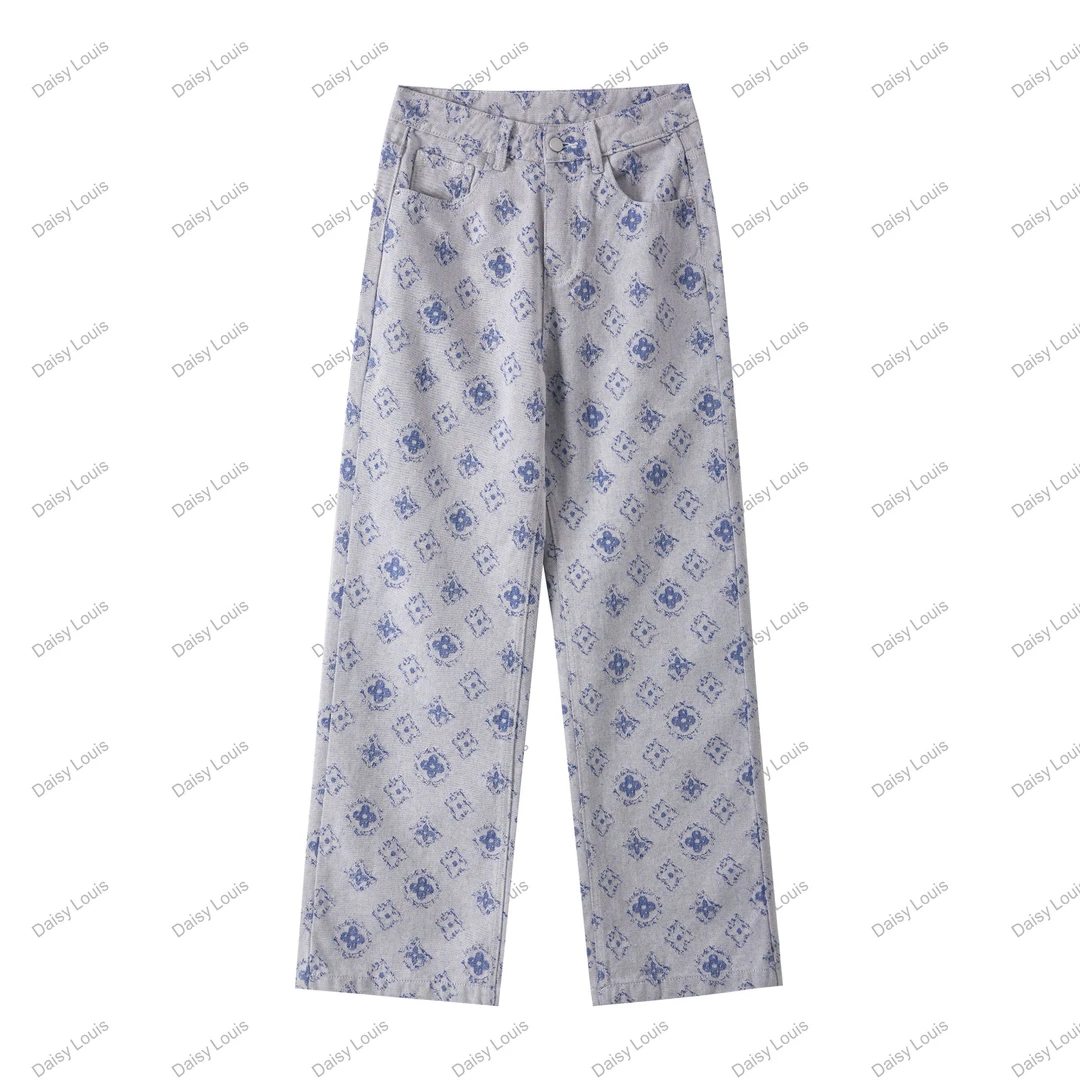 Y【 mina】高级春夏轻奢时尚简约潮流百搭窄版直筒裤显瘦提花牛仔裤