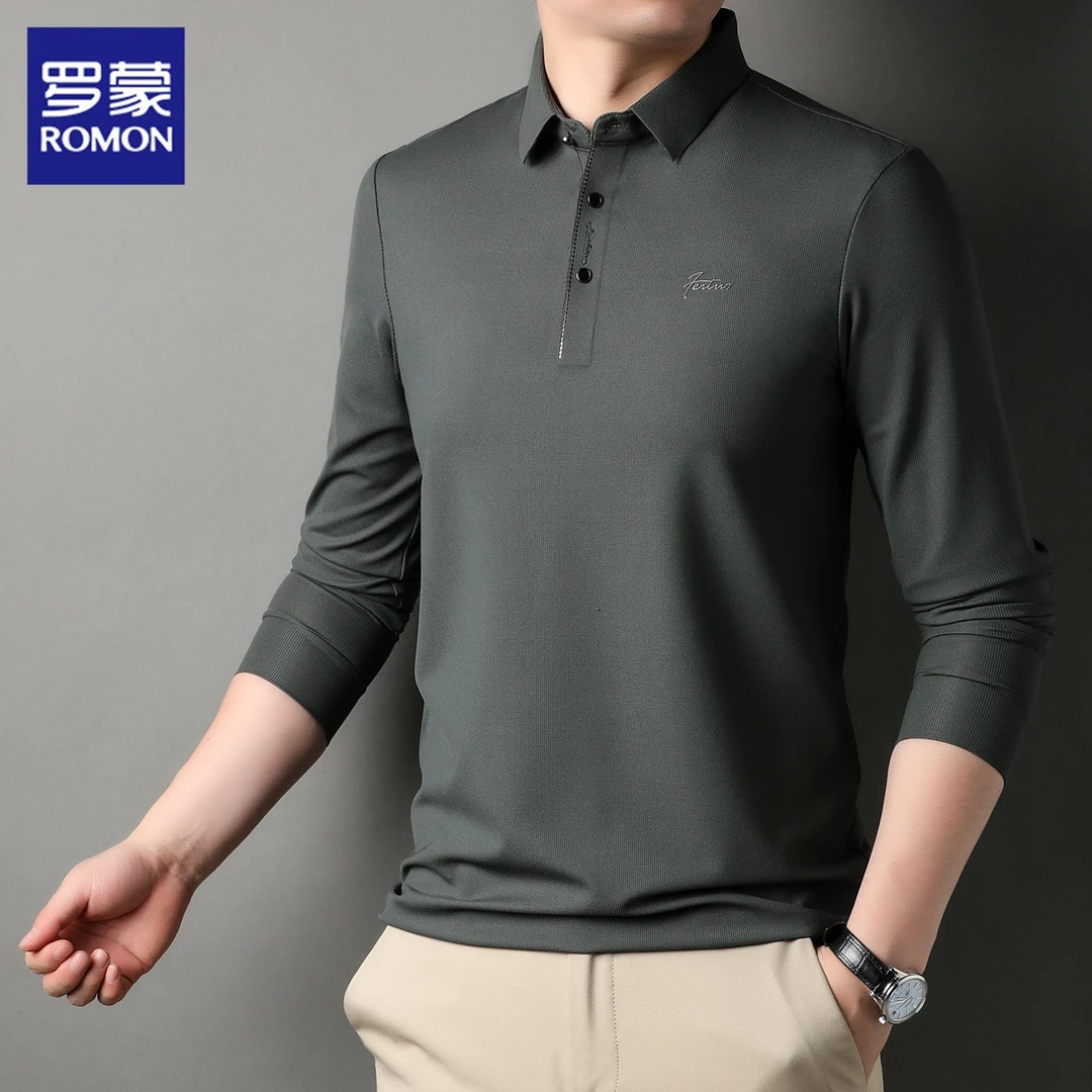 罗蒙男士长袖Polo衫秋季新款轻奢商务翻领纯色休闲打底上衣男装