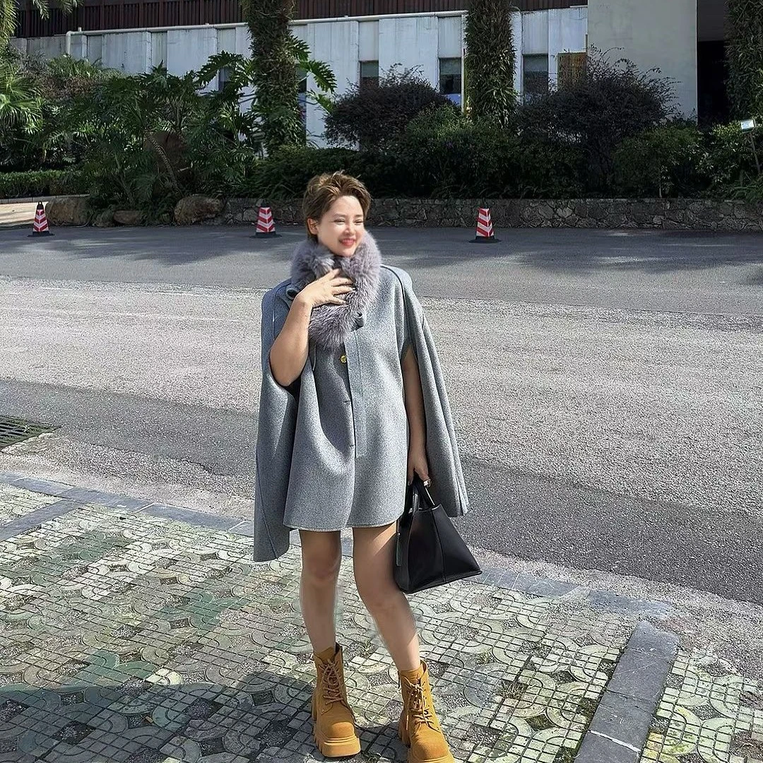 法式千金风蝴蝶结赫本气质双面斗篷毛呢大衣外套