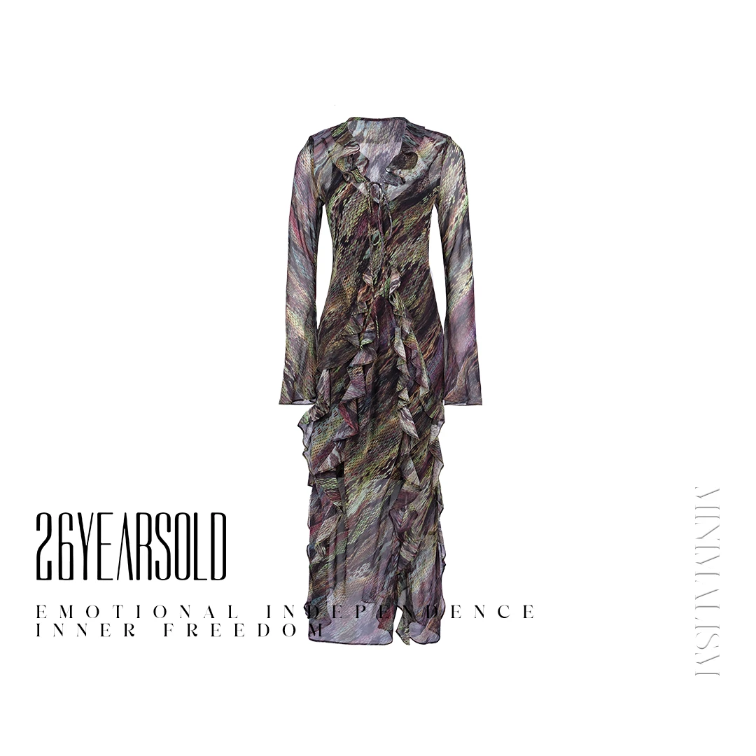 26YEARSOLD【丛影斑斓】气质长袖桑蚕丝长款印花连衣裙25SS-7043Z