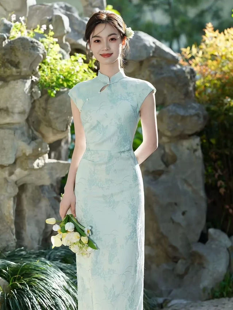 SS苏苏新中式改良旗袍2025年夏绿色优雅小清新文艺收腰显瘦旗袍