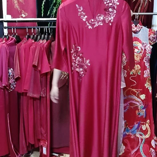 品牌酒红色v领贴花长款礼服裙xl120斤以内