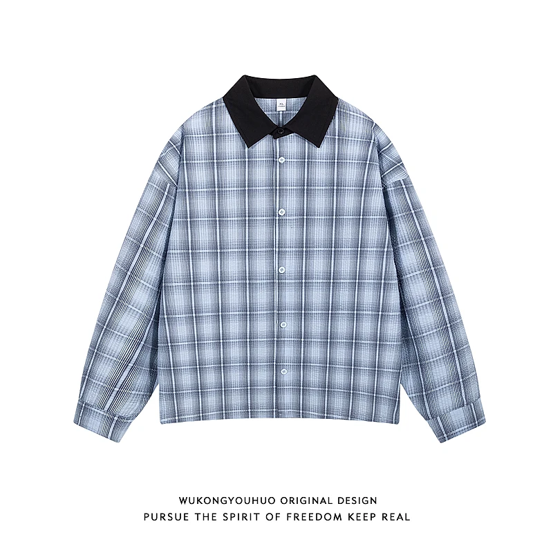 悟空有货美式复古泡泡纱格纹长袖衬衫男秋季宽松百搭休闲衬衣外套