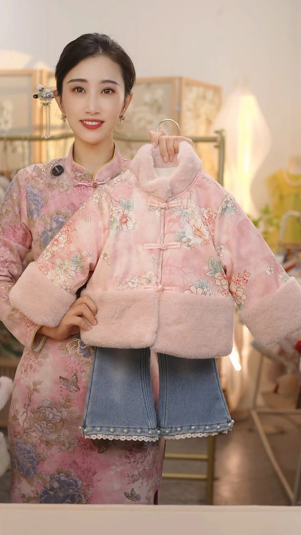 现货【桃花诺】SC698女童冬季新中式加绒加厚棉衣外套牛仔裤国风套