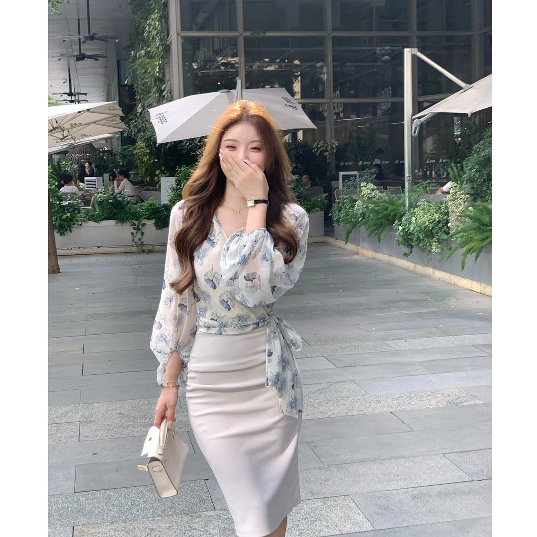 SZA【湖光云雾】夏季新款气质一片式绑带优雅长袖雪纺衫A-2055